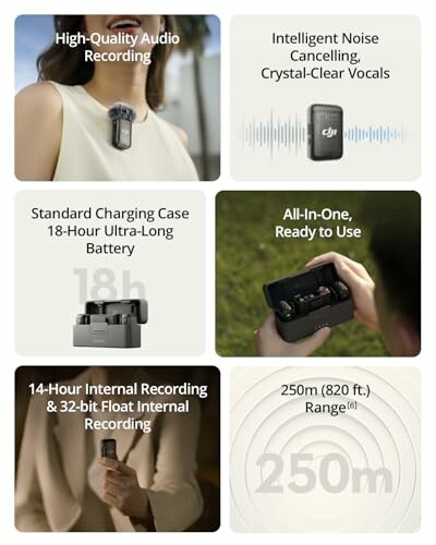 Audio recorder with features like noise cancelling, 18-hour battery, 14-hour recording, 250m range.