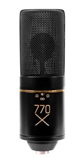 Black condenser microphone with gold accents.