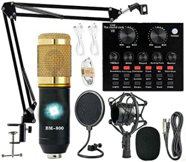 BM-800 microphone kit with arm stand, pop filter, sound card, and accessories.