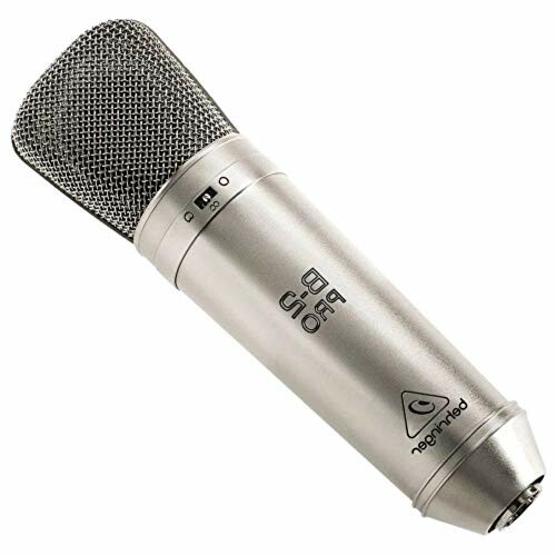 Silver condenser microphone with a mesh grille.