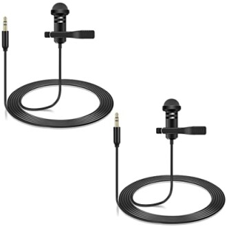 Two black lapel microphones with cables and clips.