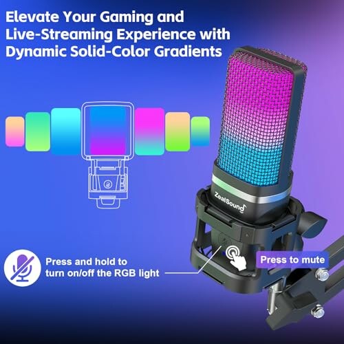 Colorful gaming microphone with RGB light and mute button.