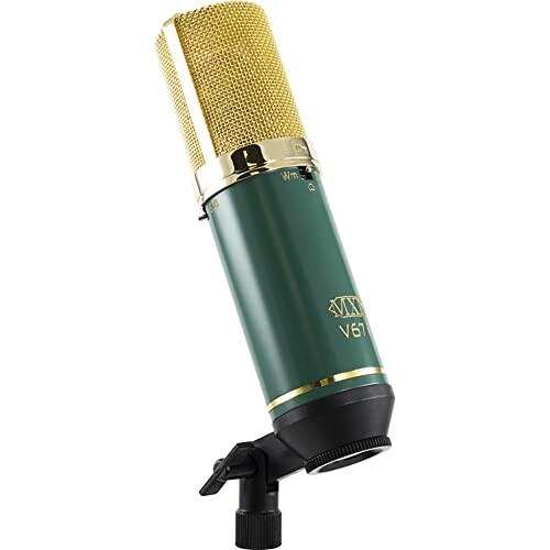 Green and gold condenser microphone on stand