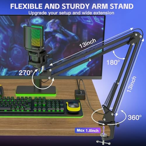 Flexible and sturdy microphone arm stand setup with computer accessories.