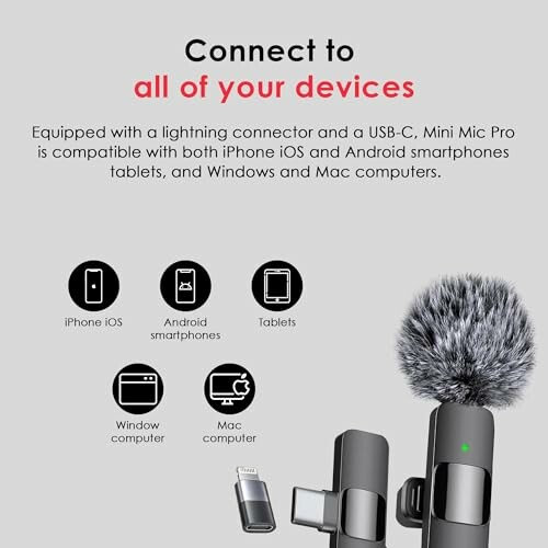 Mini Mic Pro with lightning and USB-C connectors for iOS, Android, tablets, Windows and Mac.