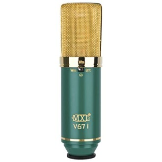 MXL V67i condenser microphone with green body and gold grille.