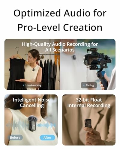 Collage showcasing audio recording and noise cancelling features.