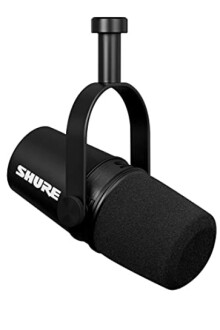 Shure microphone with black windscreen and mount