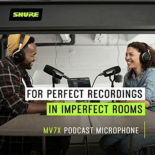 Two people recording with Shure MV7X podcast microphones.