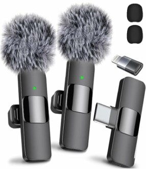 Wireless microphone kit with adapters and windshields.